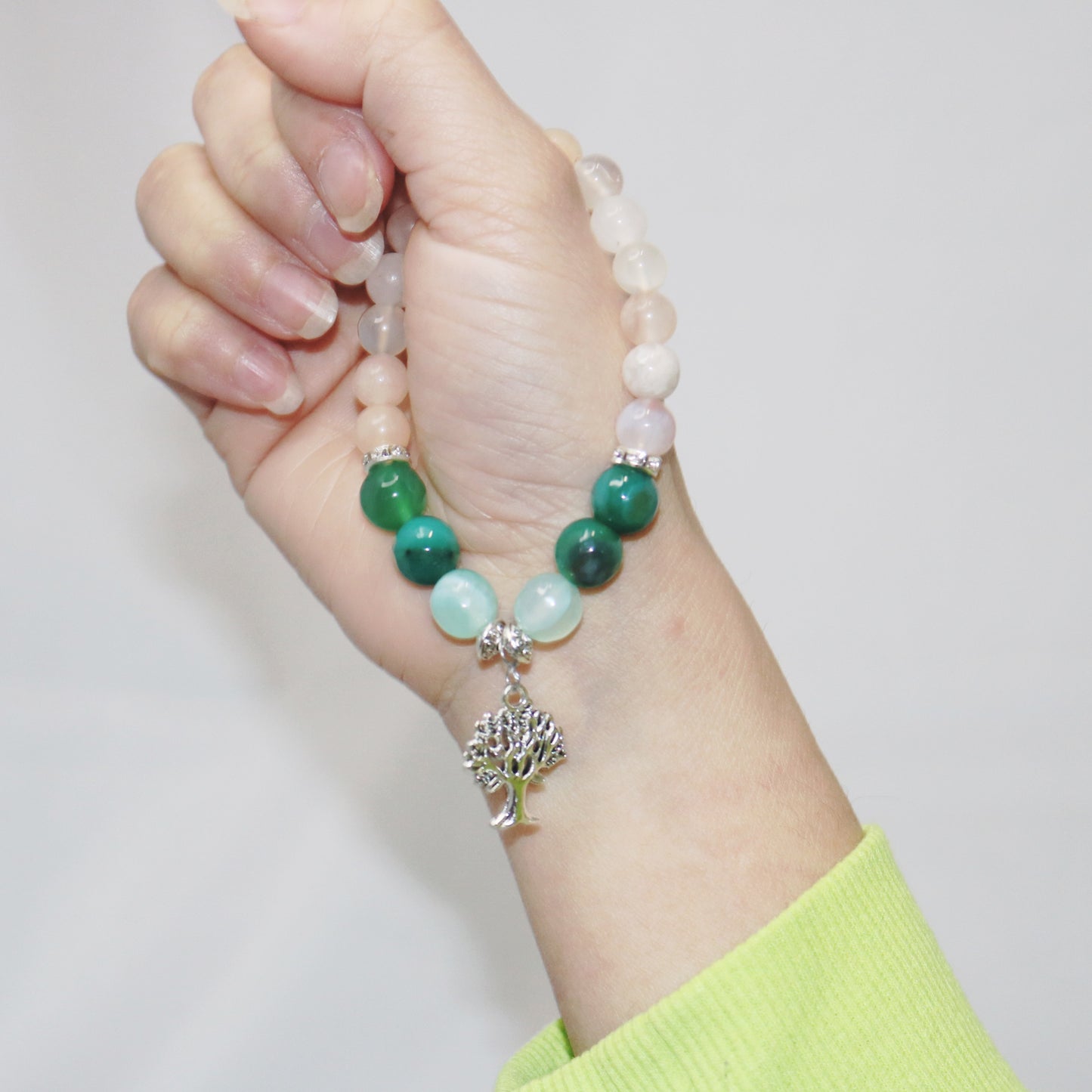 Tree of Life Bracelet. Natural Green Apatite x Flower Agate Crystal Beads