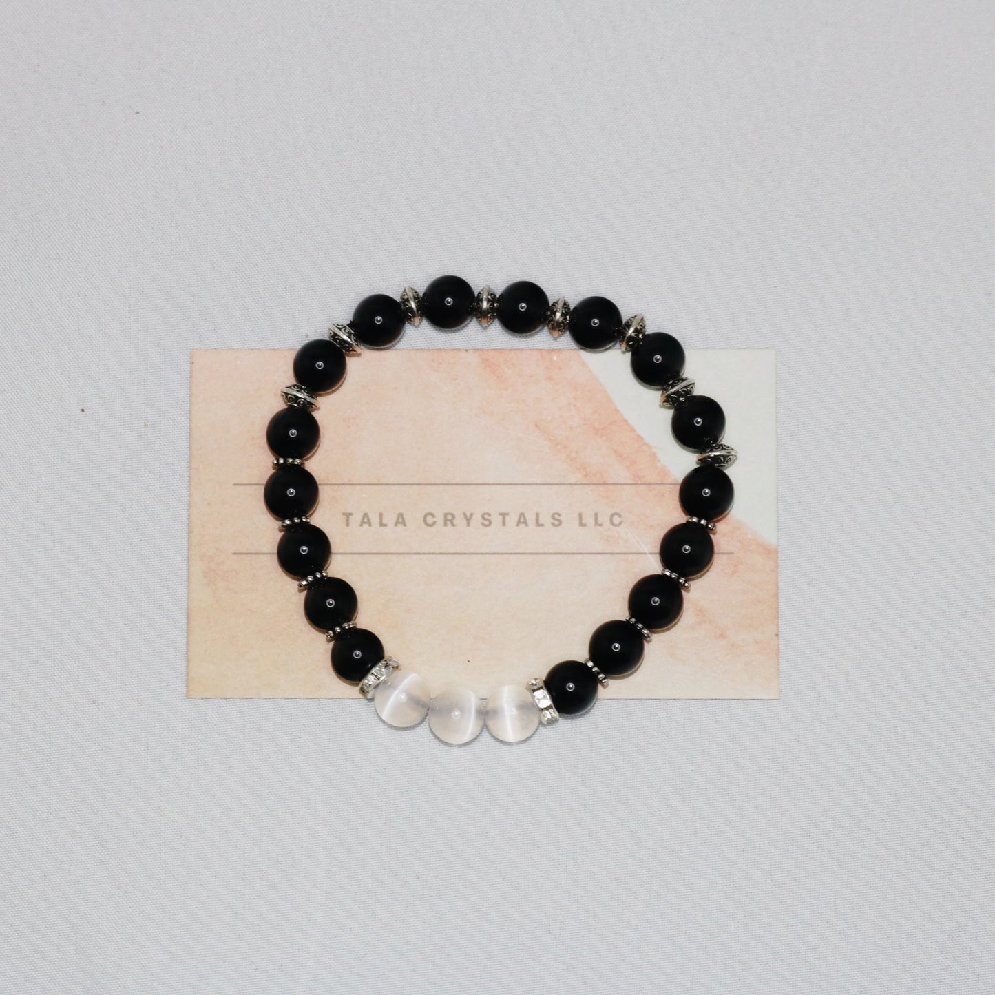 Protection Bracelet. Silver Obsidian x Selenite Natural Crystal Beads Bracelet