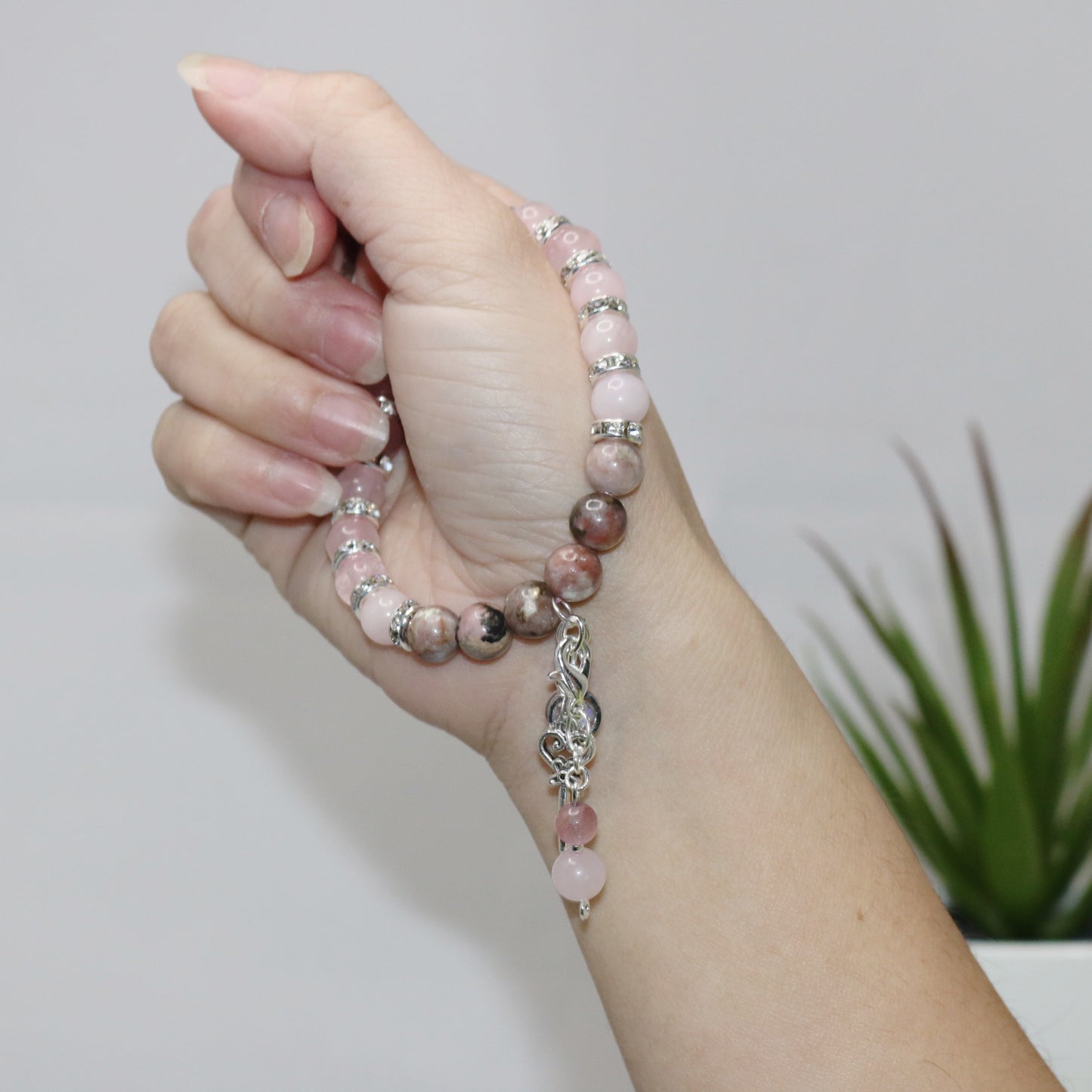 Love Bracelet. Natural Rose Quartz x Rhodonite Crystal Beads Bracelet.