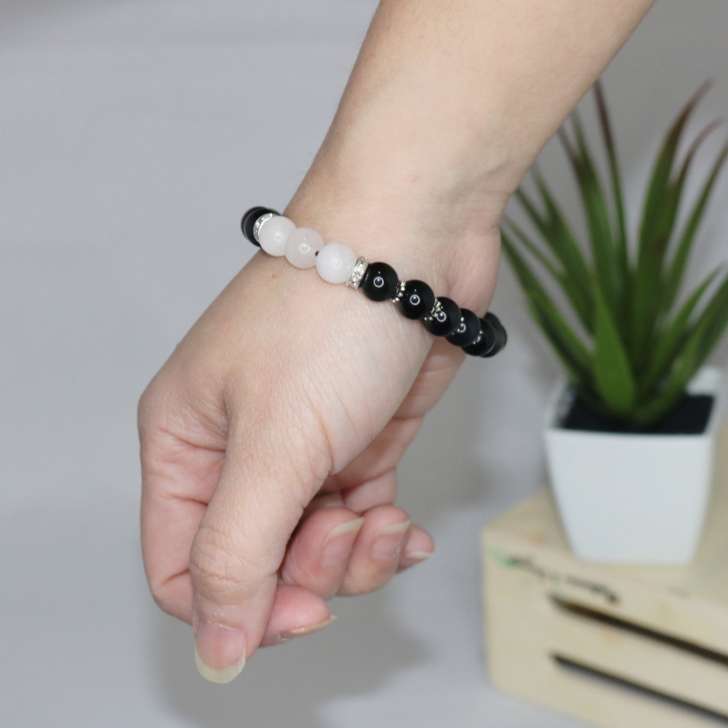 Protection Bracelet. Silver Obsidian x Selenite Natural Crystal Beads Bracelet