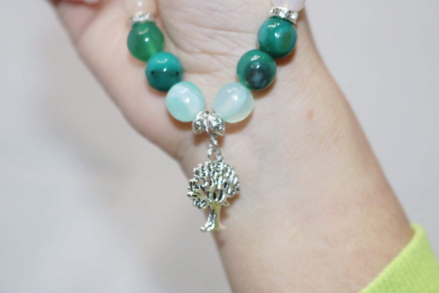 Tree of Life Bracelet. Natural Green Apatite x Flower Agate Crystal Beads