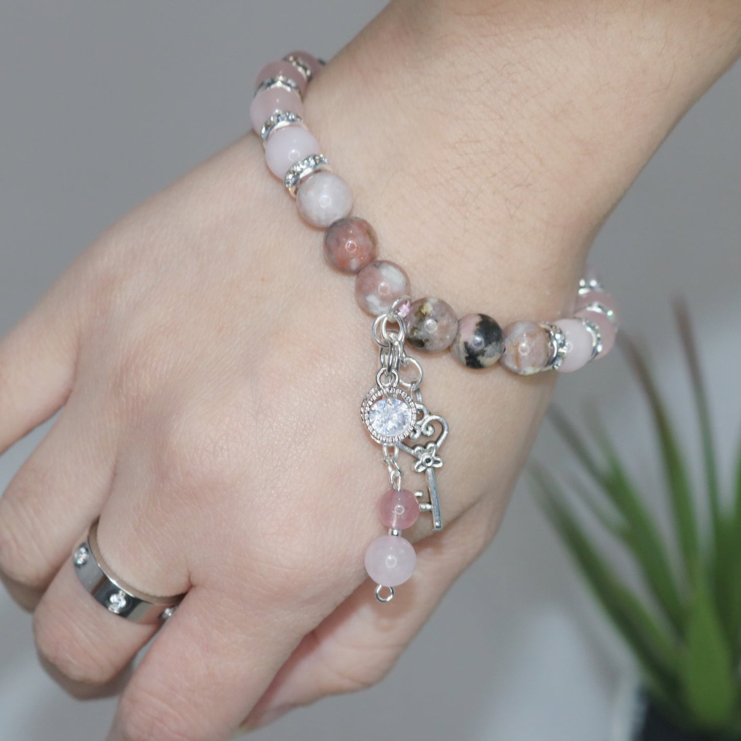 Love Bracelet. Natural Rose Quartz x Rhodonite Crystal Beads Bracelet.