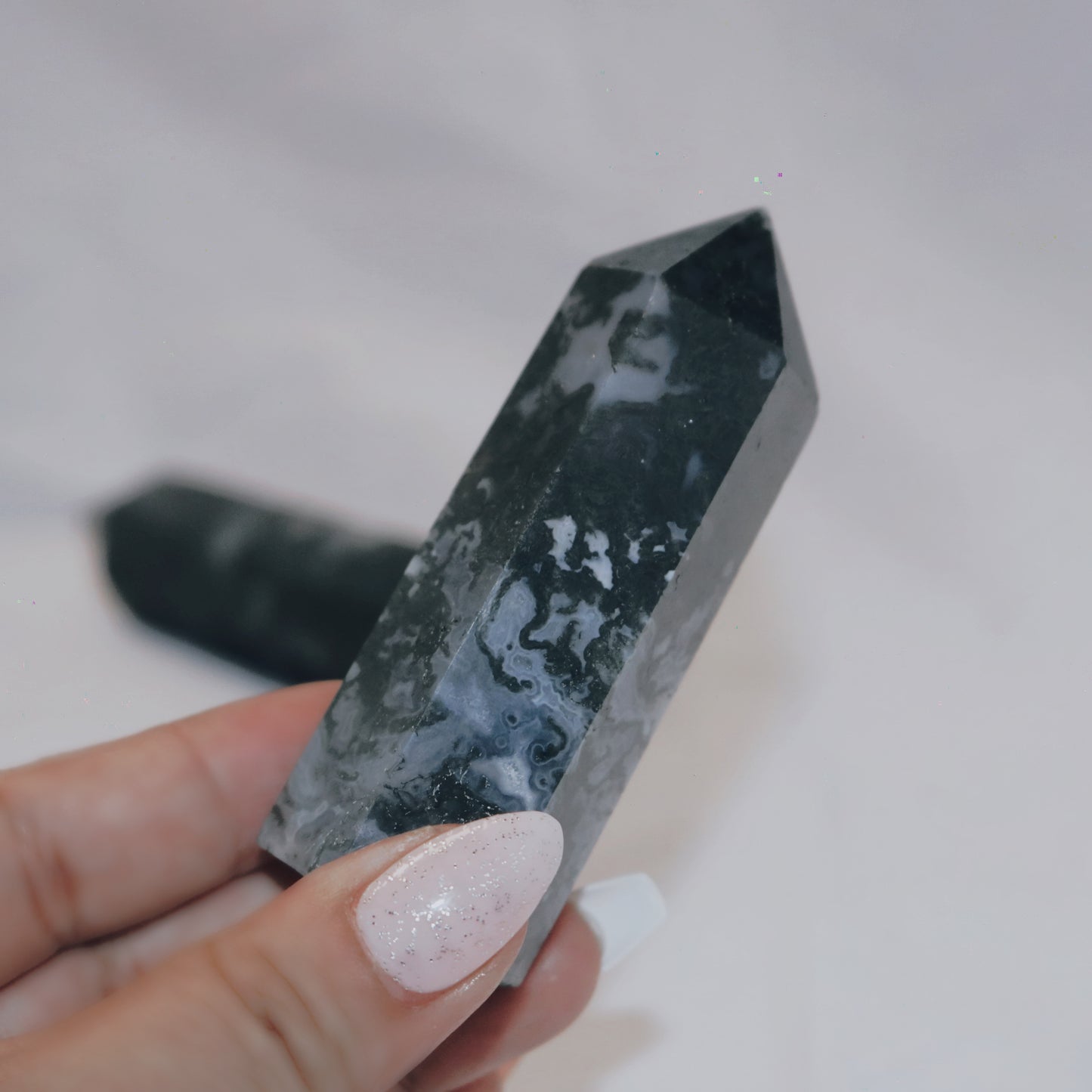 Unique Dark Green Moss Agate Tower.