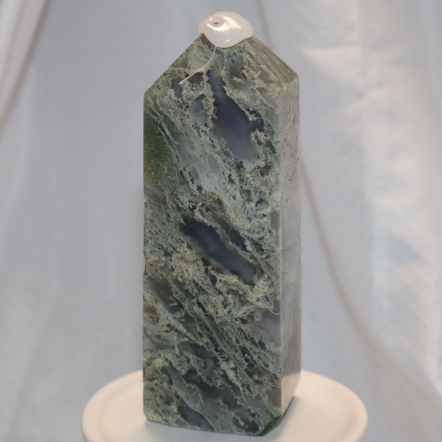 ***MARKDOWN-Chunky Moss Agate Tower (chipped on tower point)