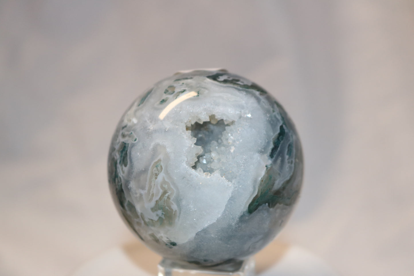 Druzy Moss Agate Sphere. Beautiful sky-like pattern. Moss Agate Druzy Crystal Ball