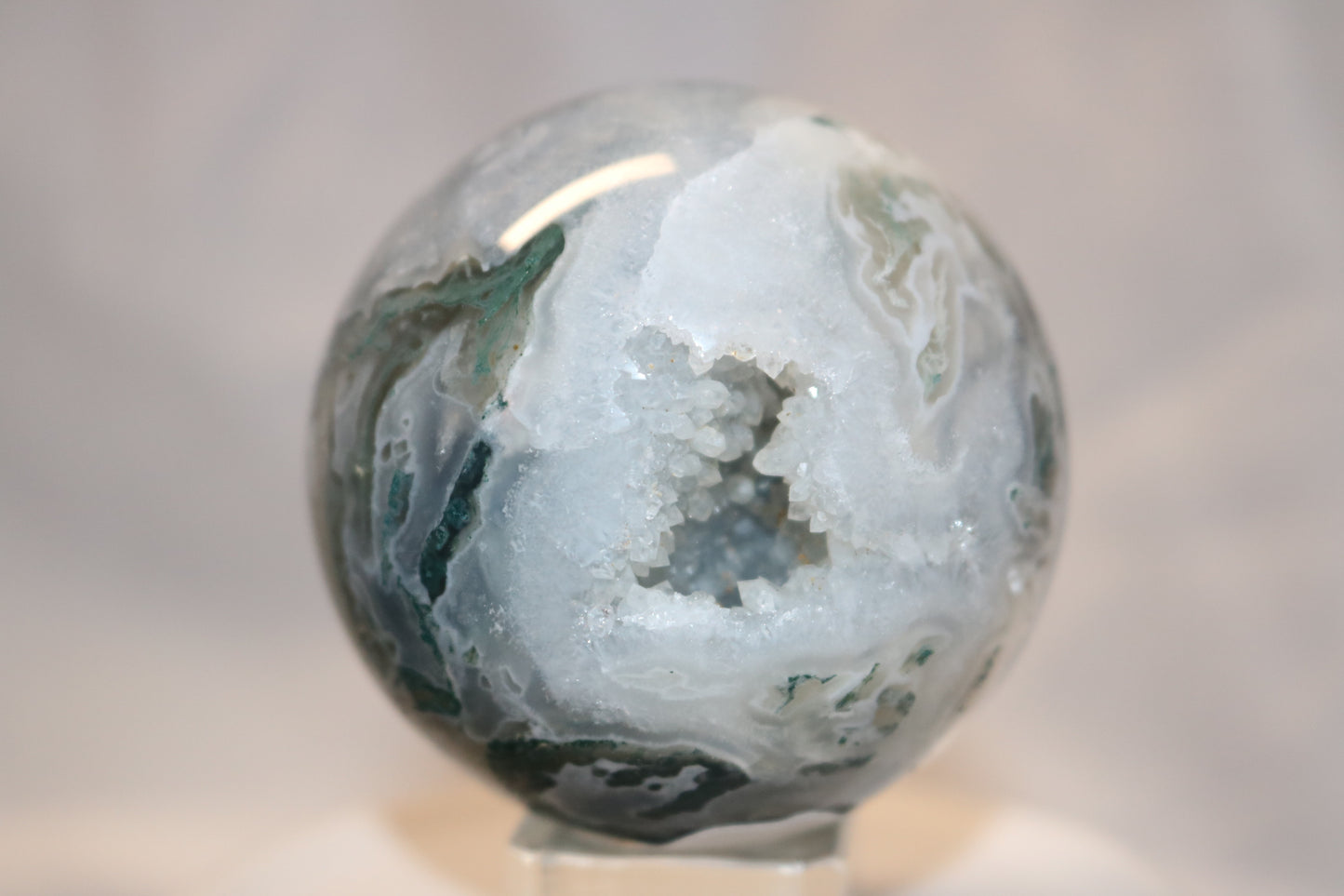 Druzy Moss Agate Sphere. Beautiful sky-like pattern. Moss Agate Druzy Crystal Ball