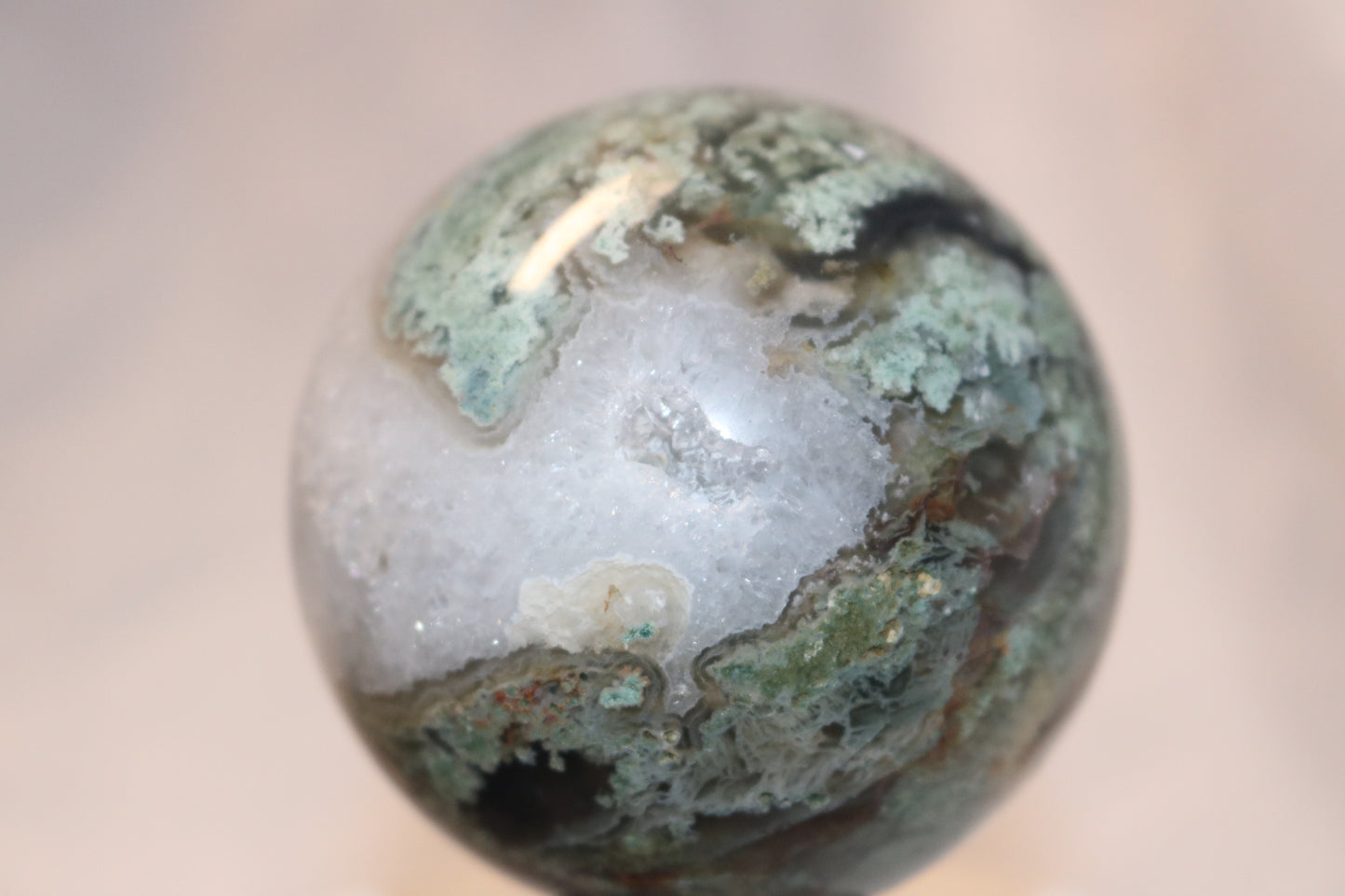 Druzy Rainforest Moss Agate Sphere. Druzy Moss Agate Crystal Ball.