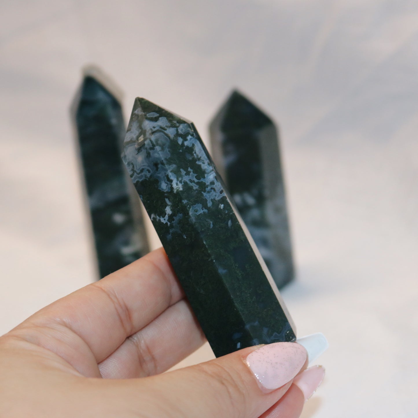 Unique Dark Green Moss Agate Tower.