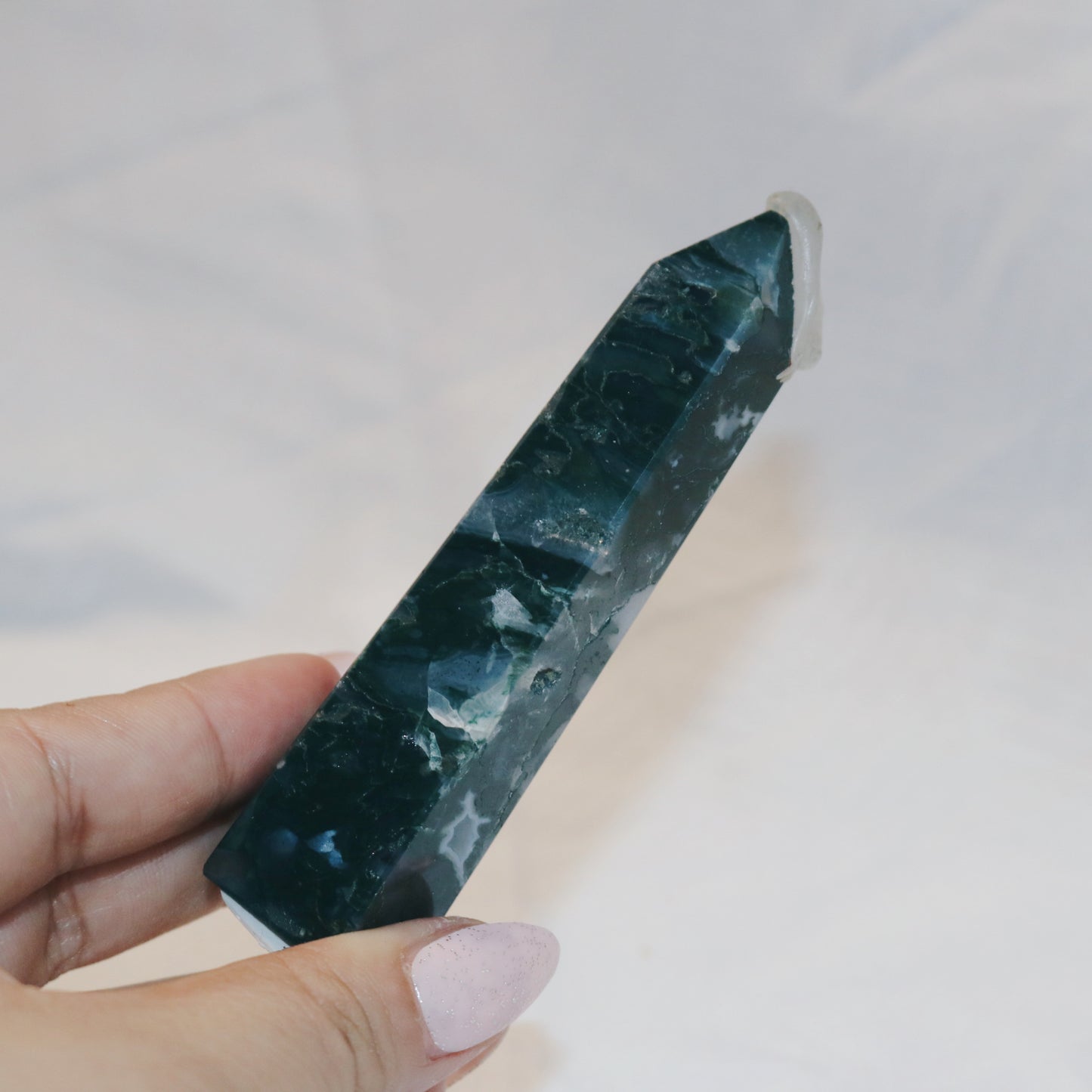 Unique Dark Green Moss Agate Tower.