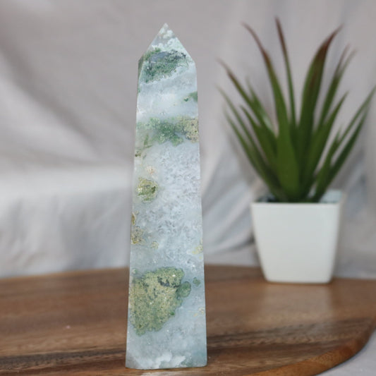6-inch Druzy Large Beautiful Moss Agate Tower
