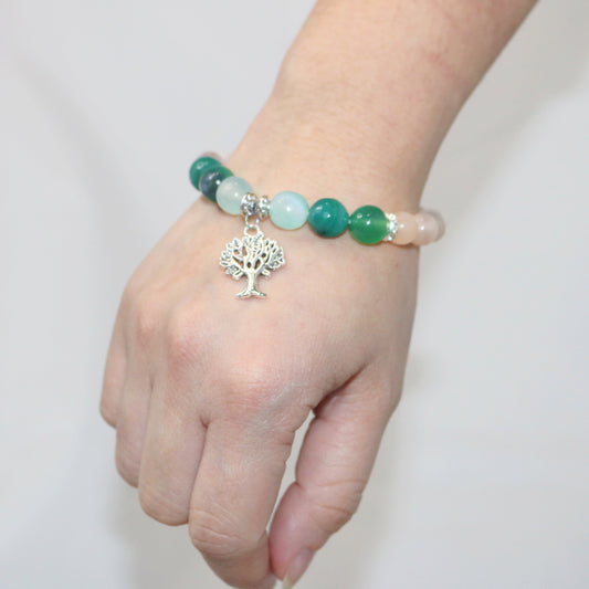 Tree of Life Bracelet. Natural Green Apatite x Flower Agate Crystal Beads