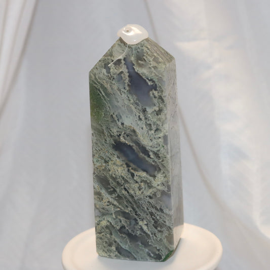 ***MARKDOWN-Chunky Moss Agate Tower (chipped on tower point)