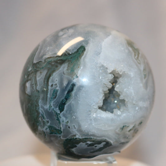 Druzy Moss Agate Sphere. Beautiful sky-like pattern. Moss Agate Druzy Crystal Ball