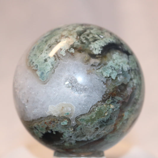 Druzy Rainforest Moss Agate Sphere. Druzy Moss Agate Crystal Ball.
